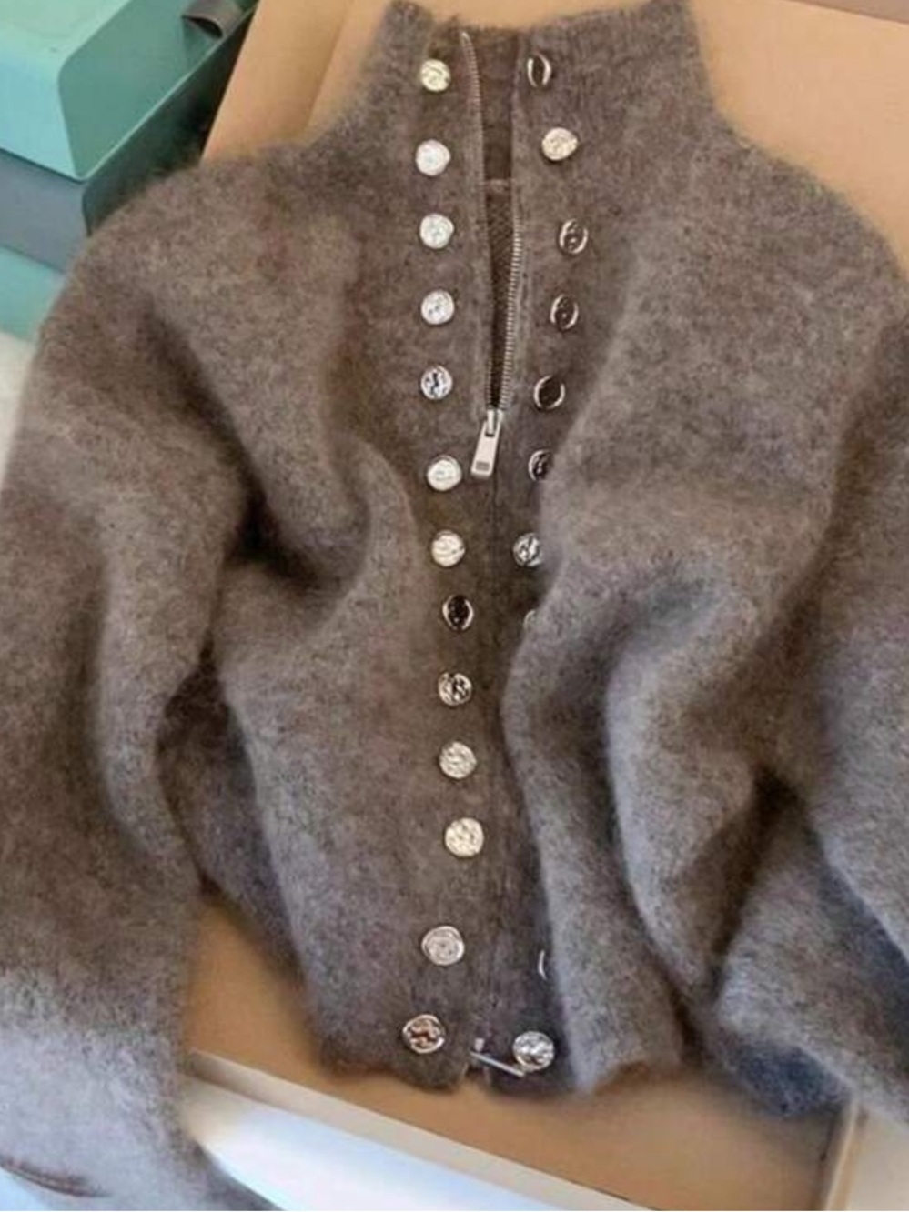 Womens Gray Wool-Blend High Collar Button Front Sweater